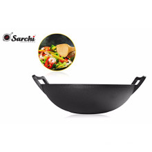 Pre-seasoned black cast iron wok With Large Loop Handles & Flat Base
